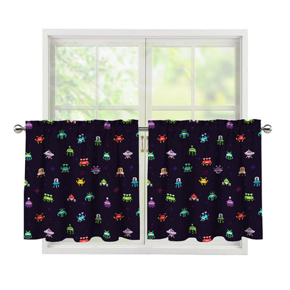 Pixel UFO Aliens Pattern Print Tier Curtains