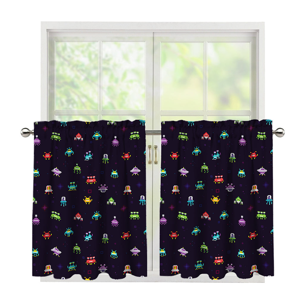 Pixel UFO Aliens Pattern Print Tier Curtains