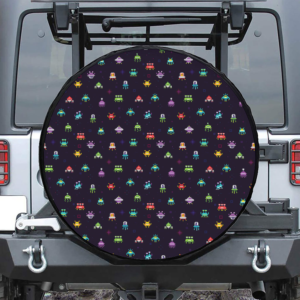 Pixel UFO Aliens Pattern Print Tire Cover
