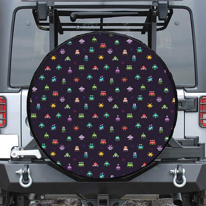 Pixel UFO Aliens Pattern Print Tire Cover