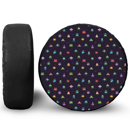 Pixel UFO Aliens Pattern Print Tire Cover