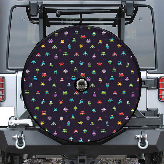 Pixel UFO Aliens Pattern Print Tire Cover With Camera Hole