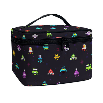Pixel UFO Aliens Pattern Print Travel Makeup Bag