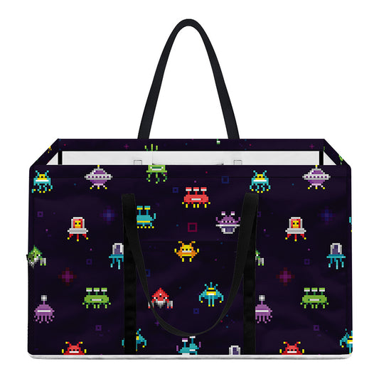 Pixel UFO Aliens Pattern Print Utility Tote Bag