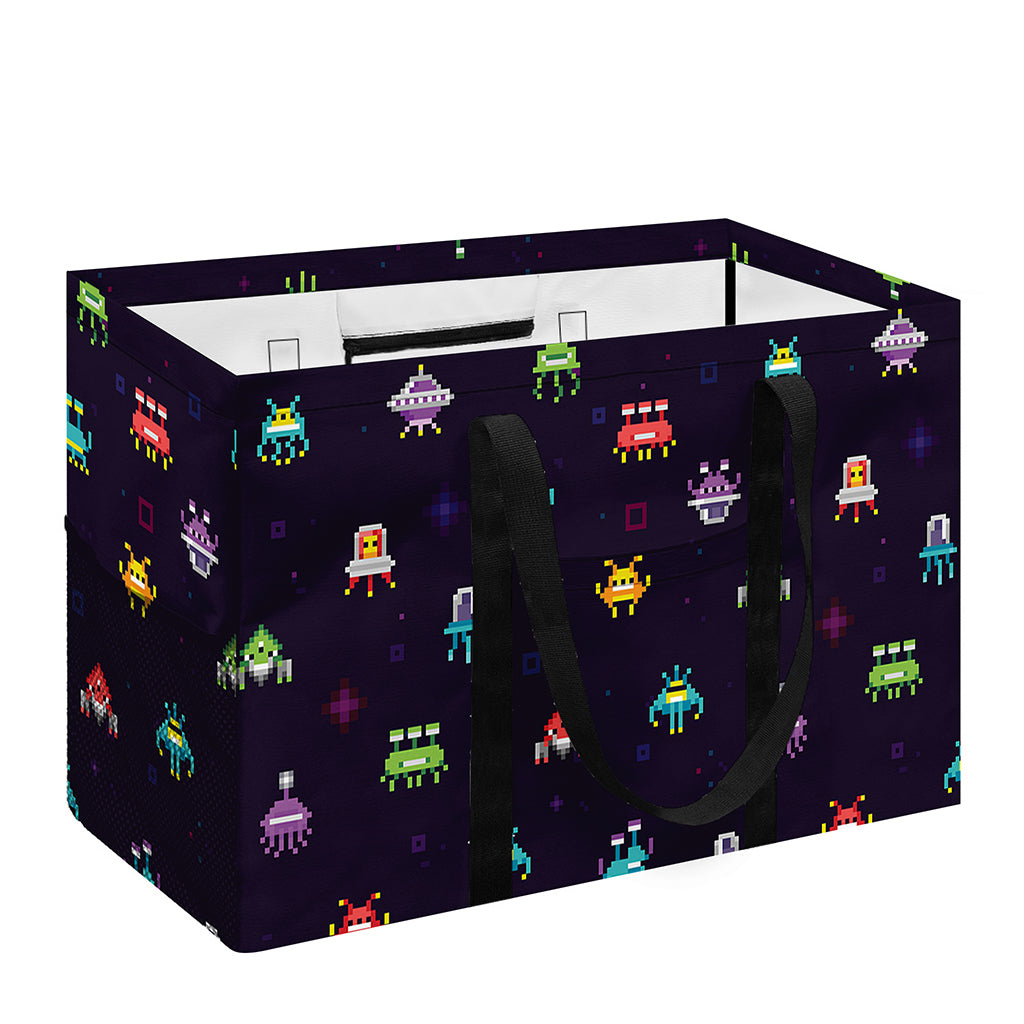 Pixel UFO Aliens Pattern Print Utility Tote Bag