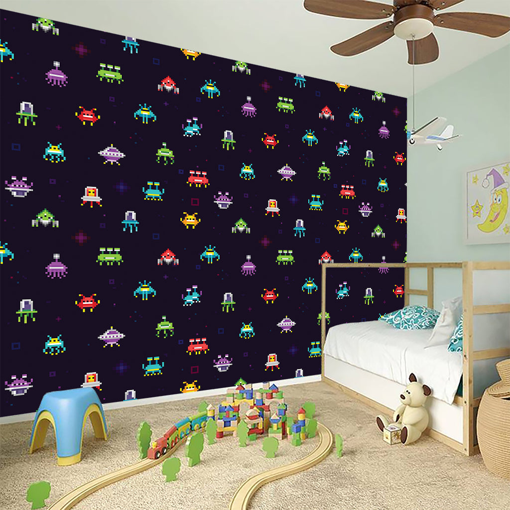 Pixel UFO Aliens Pattern Print Wall Sticker