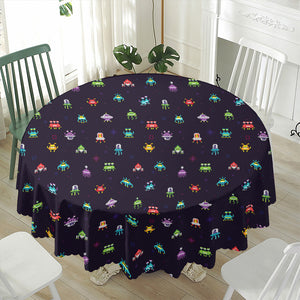 Pixel UFO Aliens Pattern Print Waterproof Round Tablecloth