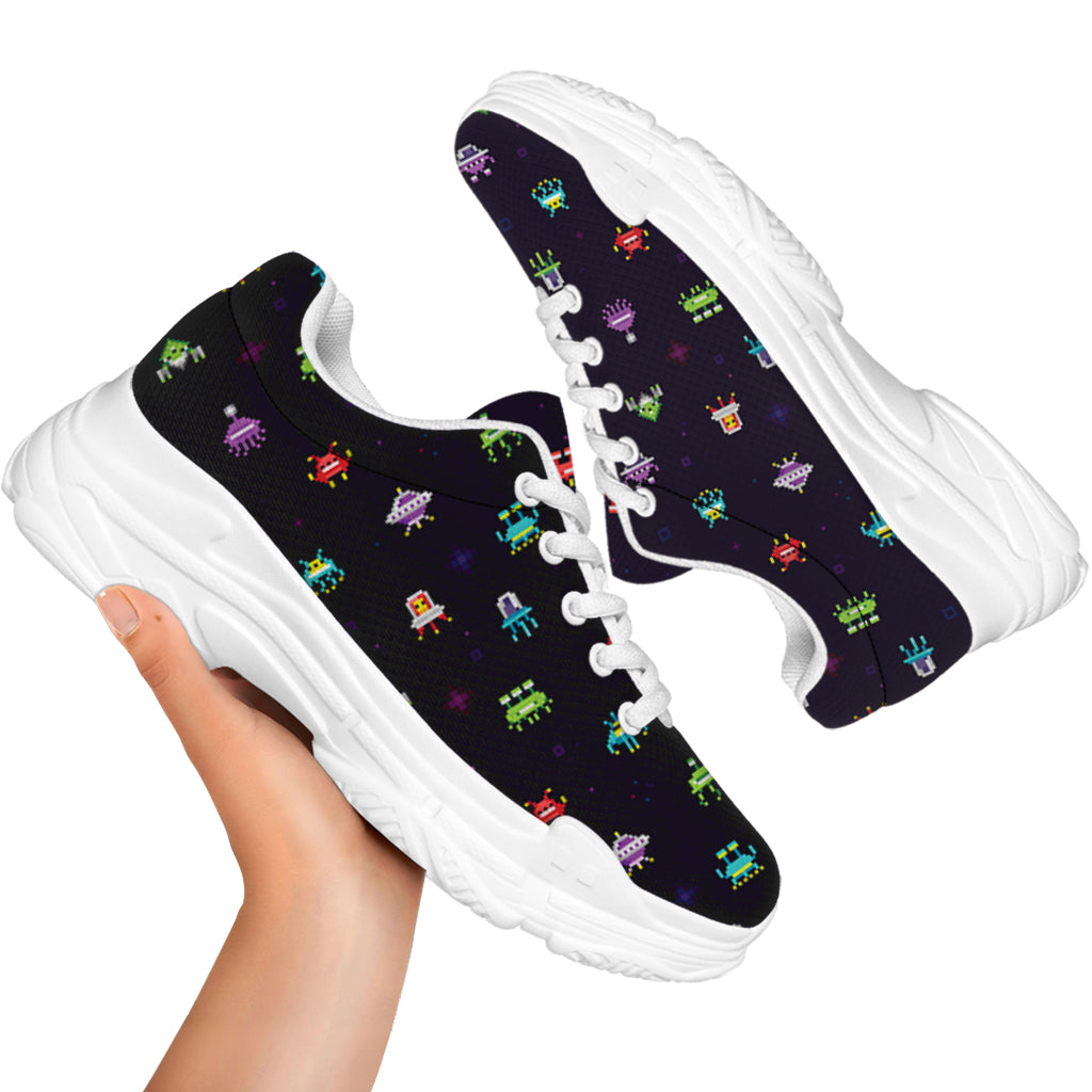 Pixel UFO Aliens Pattern Print White Chunky Shoes