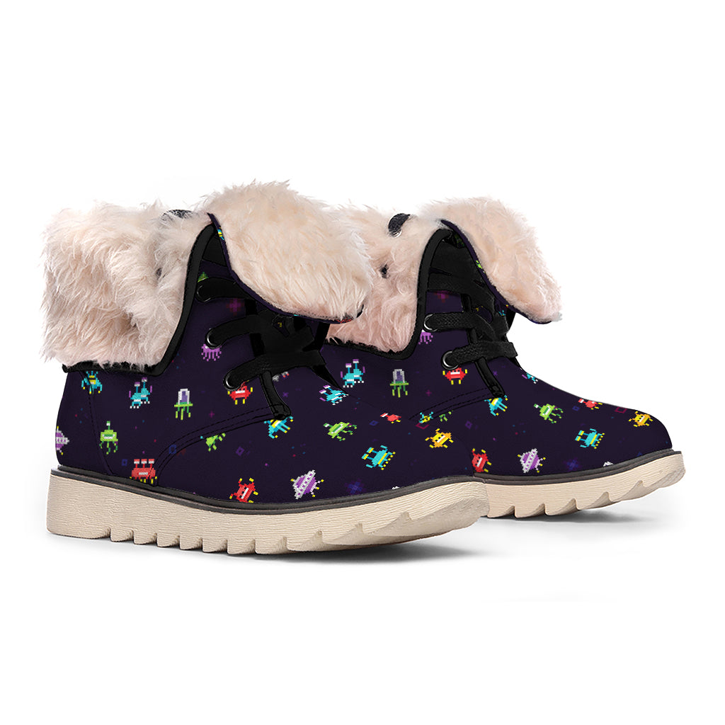 Pixel UFO Aliens Pattern Print Winter Boots