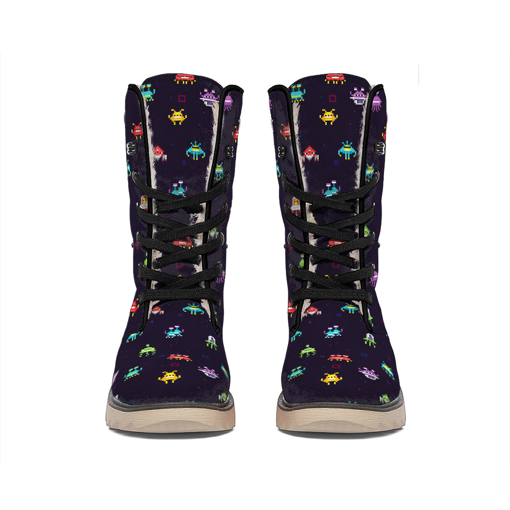 Pixel UFO Aliens Pattern Print Winter Boots