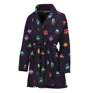 Pixel UFO Aliens Pattern Print Women's Bathrobe