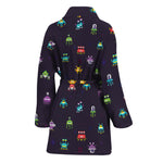 Pixel UFO Aliens Pattern Print Women's Bathrobe