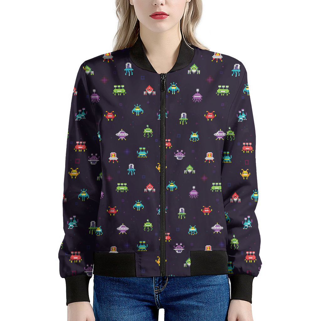 Pixel UFO Aliens Pattern Print Women's Bomber Jacket