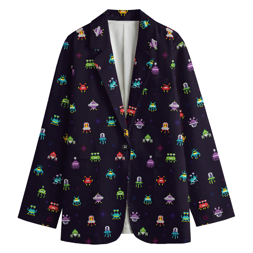 Pixel UFO Aliens Pattern Print Women's Cotton Blazer