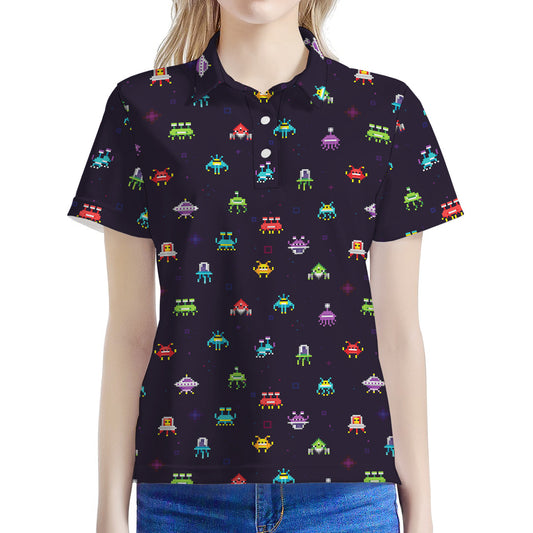 Pixel UFO Aliens Pattern Print Women's Polo Shirt