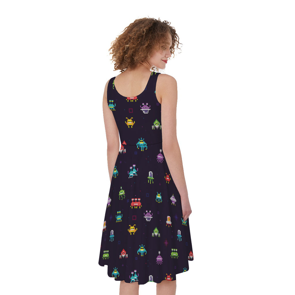 Pixel UFO Aliens Pattern Print Women's Sleeveless Dress