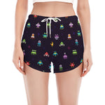 Pixel UFO Aliens Pattern Print Women's Split Running Shorts