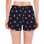 Pixel UFO Aliens Pattern Print Women's Split Running Shorts