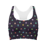 Pixel UFO Aliens Pattern Print Women's Sports Bra