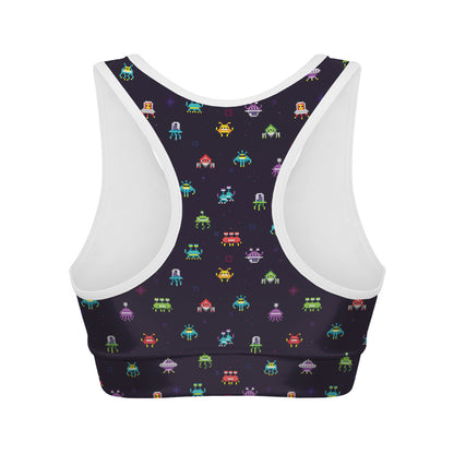 Pixel UFO Aliens Pattern Print Women's Sports Bra