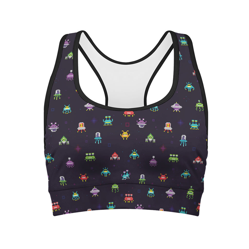 Pixel UFO Aliens Pattern Print Women's Sports Bra