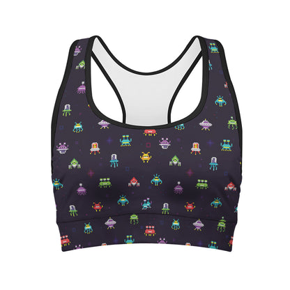 Pixel UFO Aliens Pattern Print Women's Sports Bra