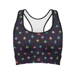Pixel UFO Aliens Pattern Print Women's Sports Bra