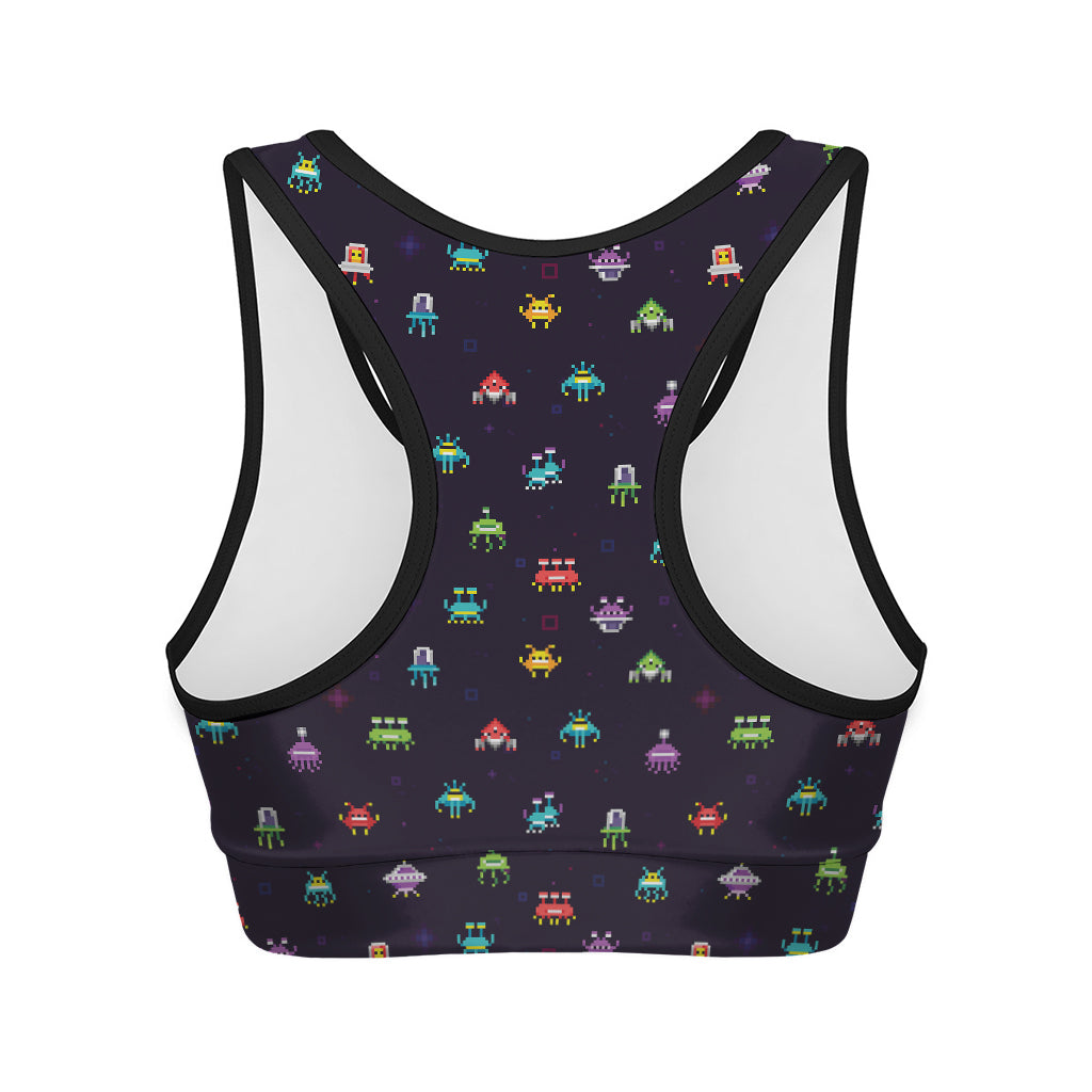 Pixel UFO Aliens Pattern Print Women's Sports Bra