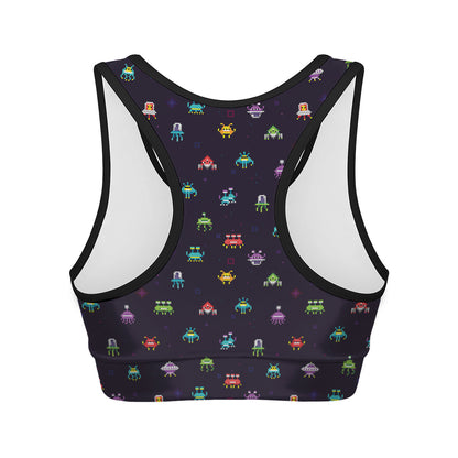 Pixel UFO Aliens Pattern Print Women's Sports Bra