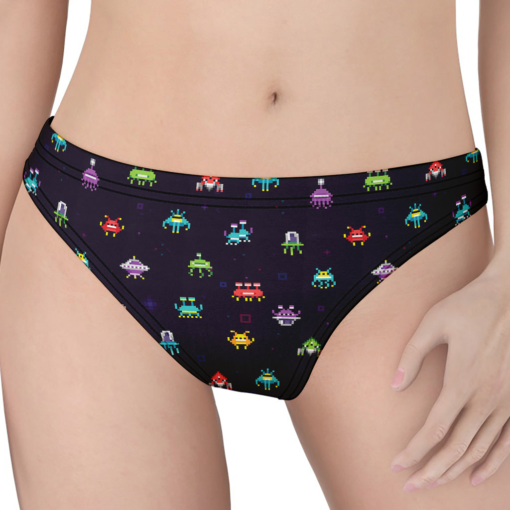 Pixel UFO Aliens Pattern Print Women's Thong