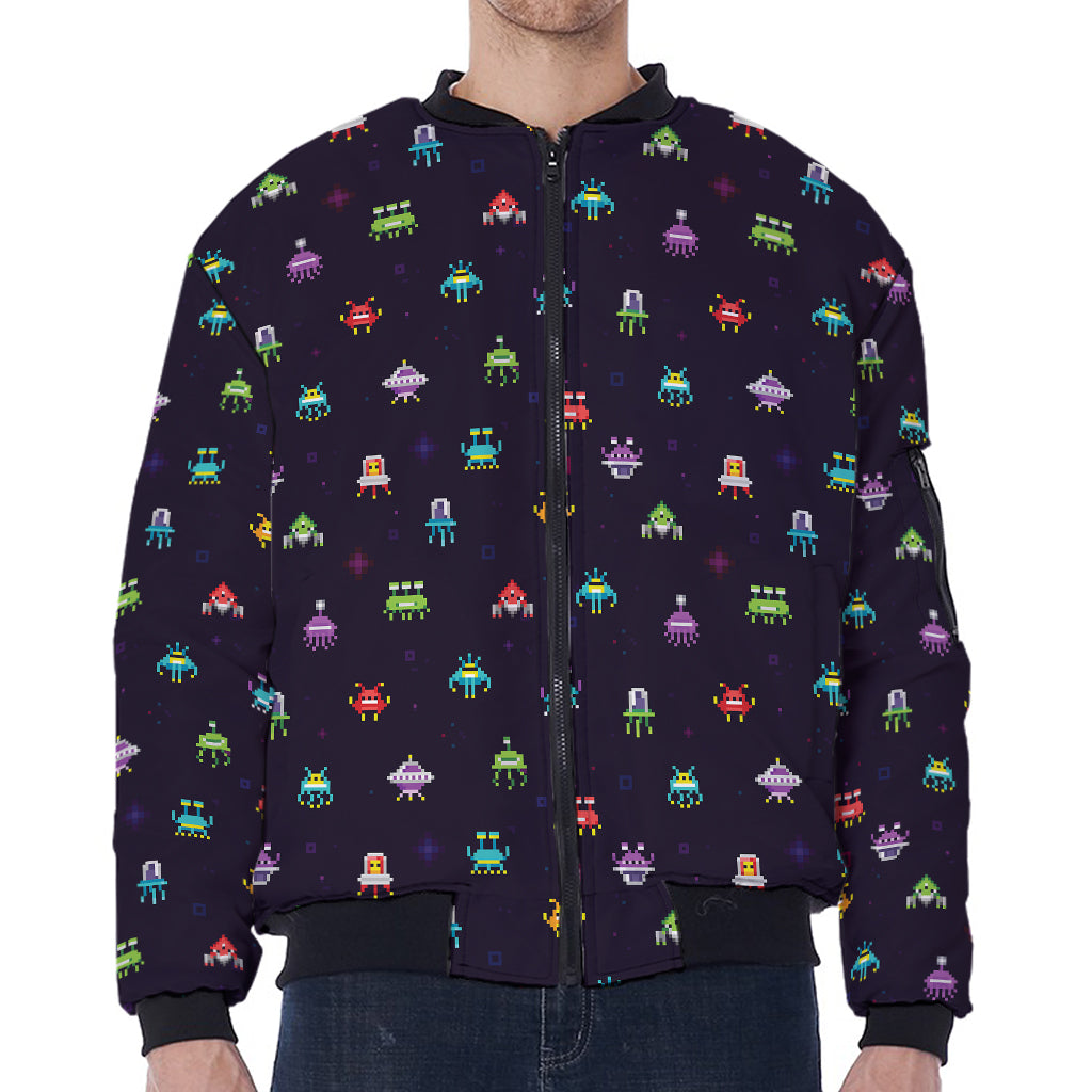 Pixel UFO Aliens Pattern Print Zip Sleeve Bomber Jacket