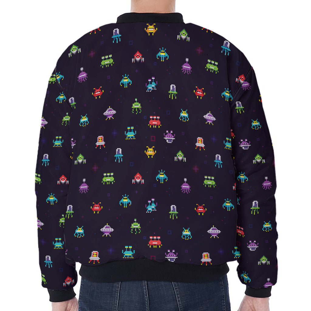 Pixel UFO Aliens Pattern Print Zip Sleeve Bomber Jacket