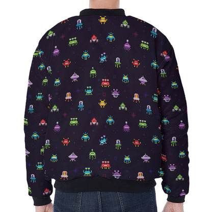 Pixel UFO Aliens Pattern Print Zip Sleeve Bomber Jacket