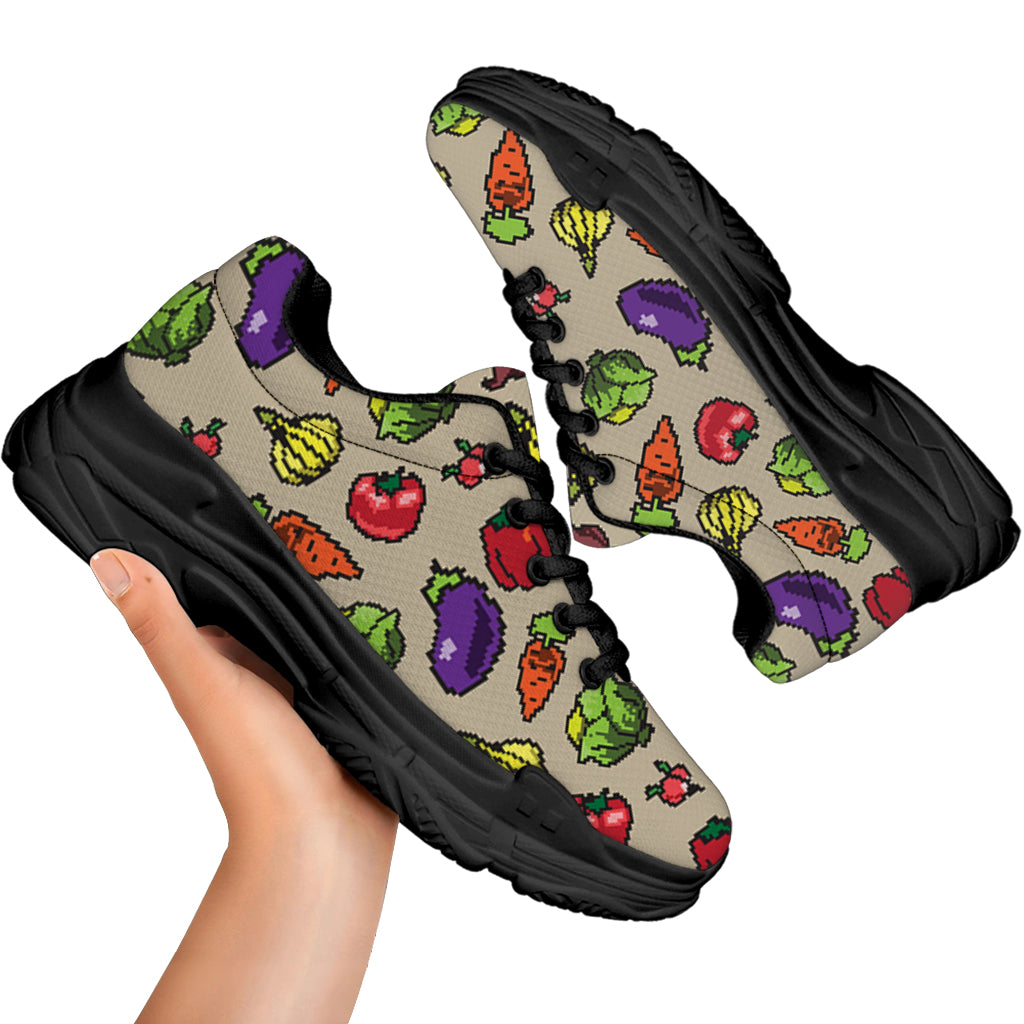 Pixel Vegetables Pattern Print Black Chunky Shoes