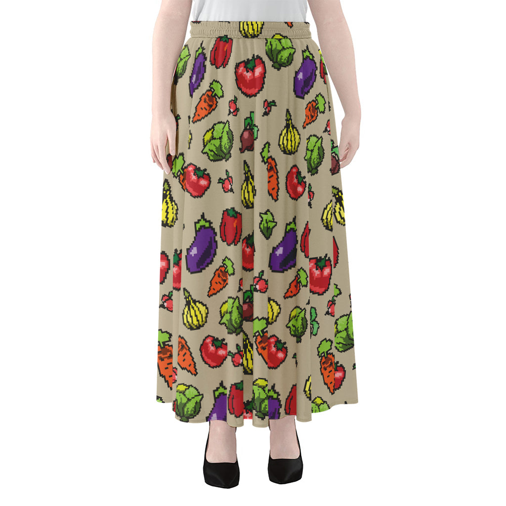 Pixel Vegetables Pattern Print Chiffon Maxi Skirt