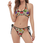 Pixel Vegetables Pattern Print Halter Scoop Tie Side Bikini