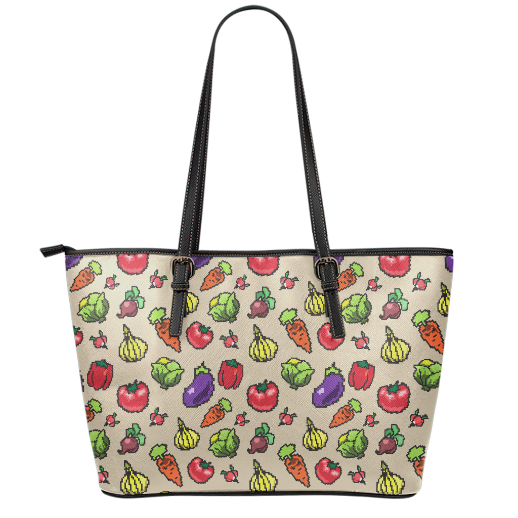 Pixel Vegetables Pattern Print Leather Tote Bag