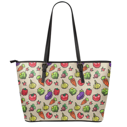 Pixel Vegetables Pattern Print Leather Tote Bag