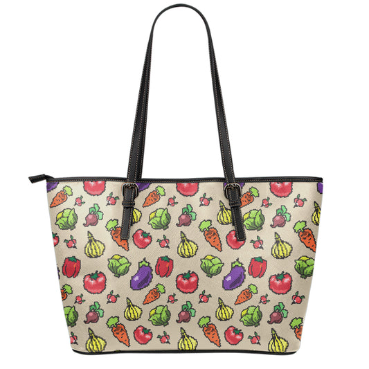 Pixel Vegetables Pattern Print Leather Tote Bag