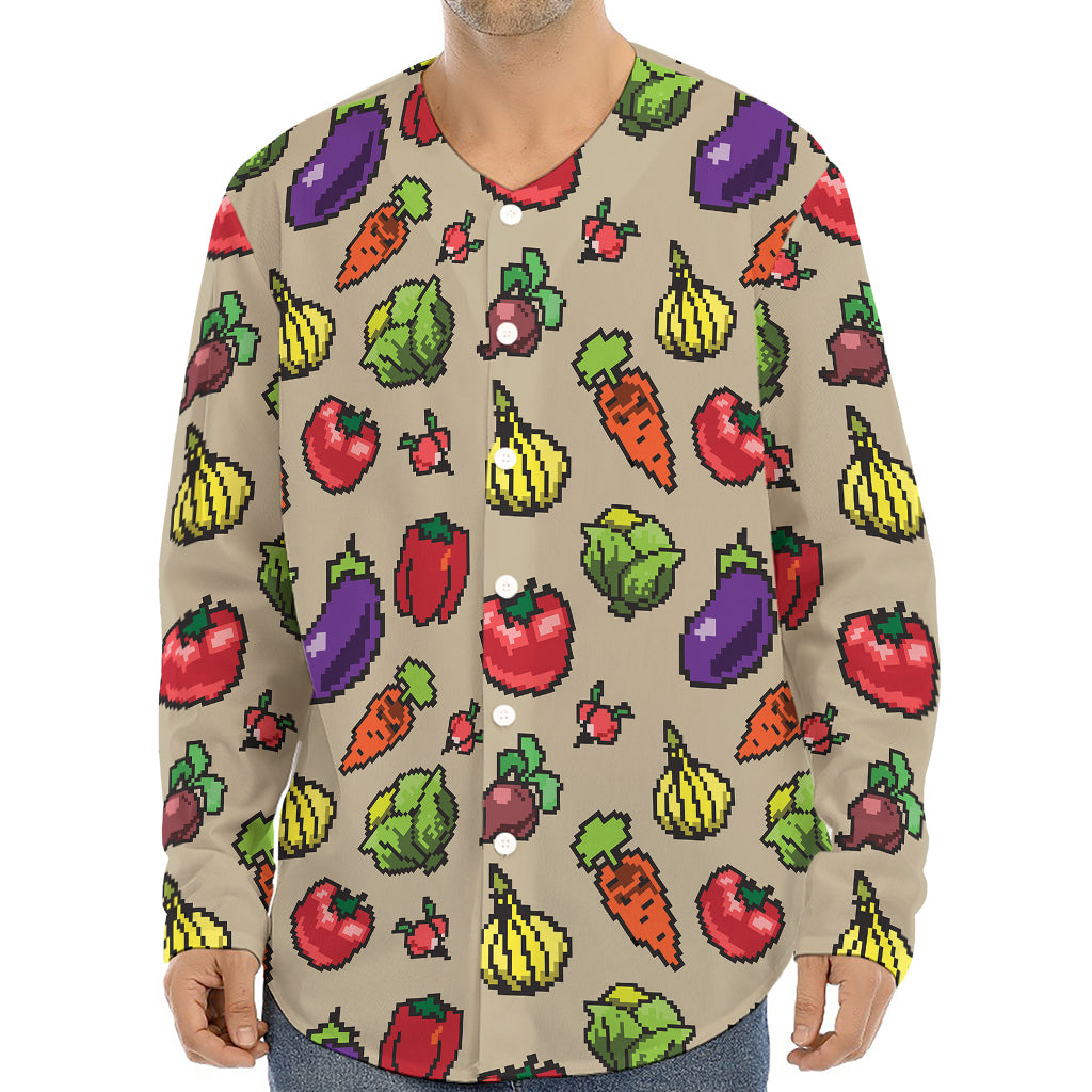 Pixel Vegetables Pattern Print Long Sleeve Baseball Jersey