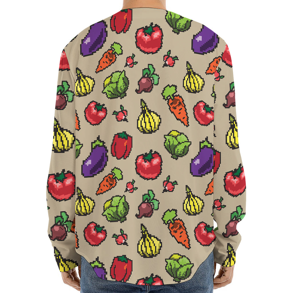 Pixel Vegetables Pattern Print Long Sleeve Baseball Jersey