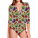 Pixel Vegetables Pattern Print Long Sleeve Swimsuit