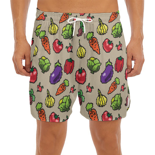 Pixel Vegetables Pattern Print Men's Split Running Shorts