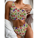 Pixel Vegetables Pattern Print One Shoulder Bikini Top