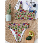 Pixel Vegetables Pattern Print One Shoulder Bikini Top