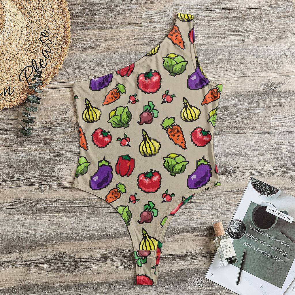 Pixel Vegetables Pattern Print One Shoulder Bodysuit