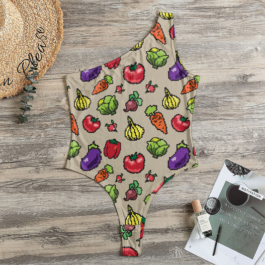 Pixel Vegetables Pattern Print One Shoulder Bodysuit