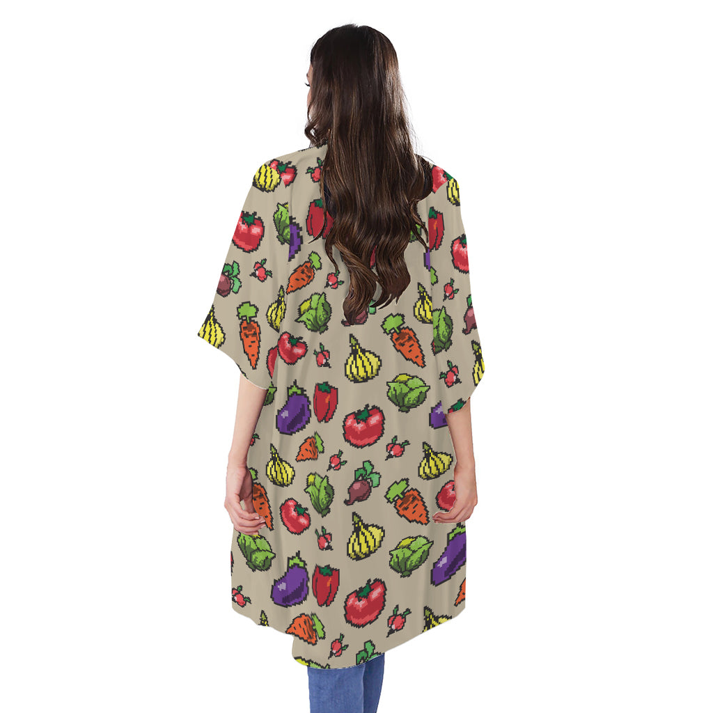 Pixel Vegetables Pattern Print Open Front Beach Cover Up