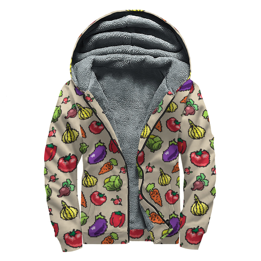 Pixel Vegetables Pattern Print Sherpa Lined Zip Up Hoodie