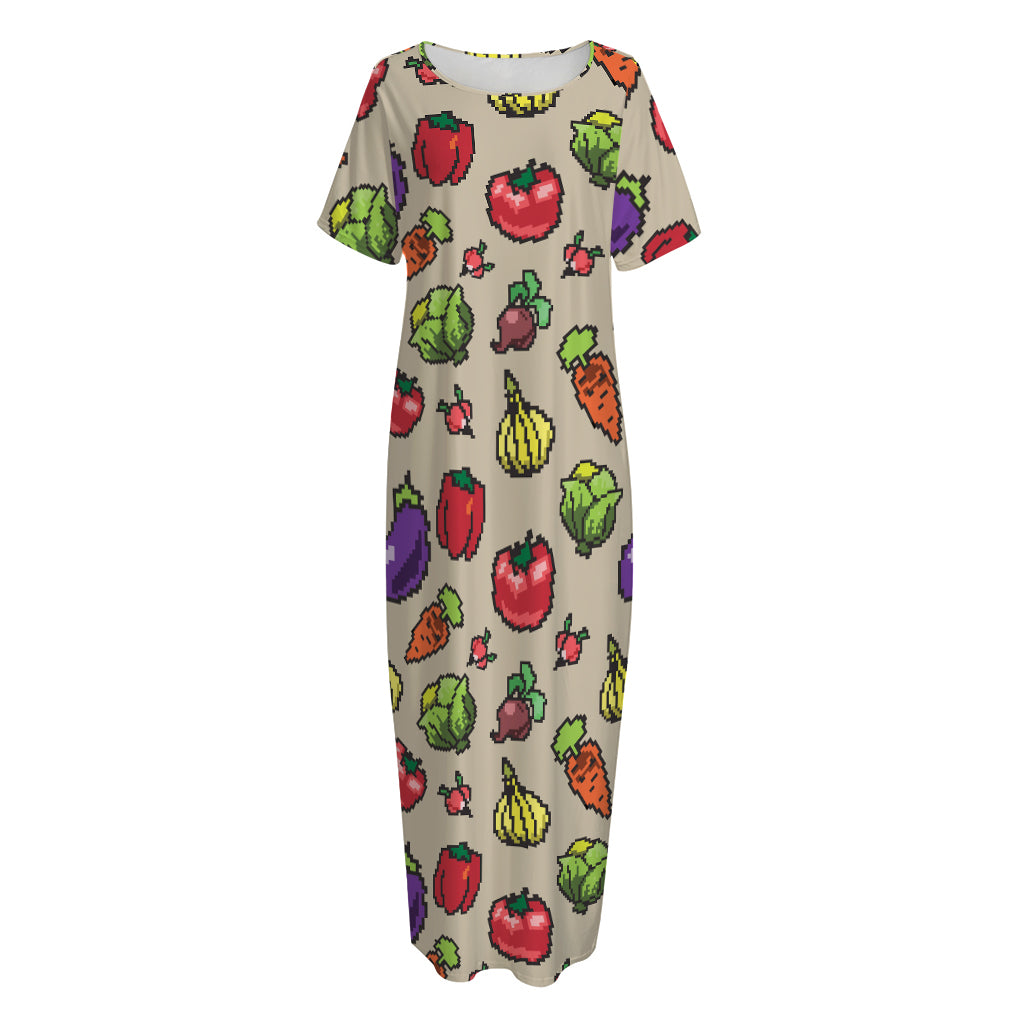 Pixel Vegetables Pattern Print Short Sleeve Long Nightdress